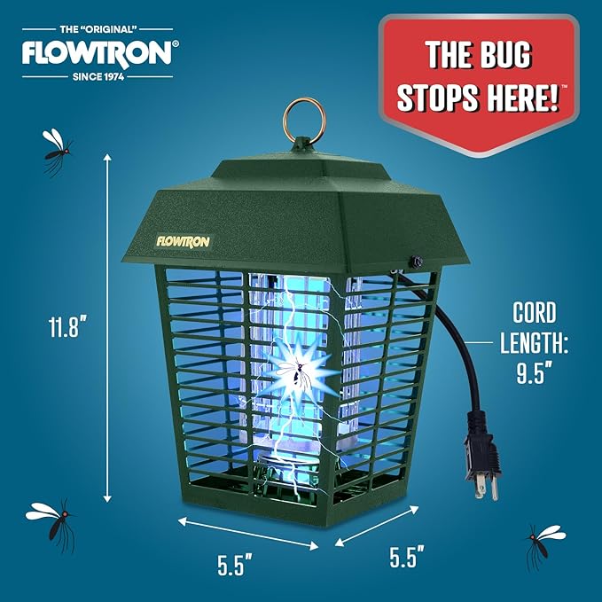 Flowtron Electric Bug Zapper 1/2 Acre Outdoor Insect Control with Dual Lure Method, 15W UV Light & Octenol Attractant for Fly & Mosquito, 5600V Kill Grid, Made in USA, UL Certified - Green Color