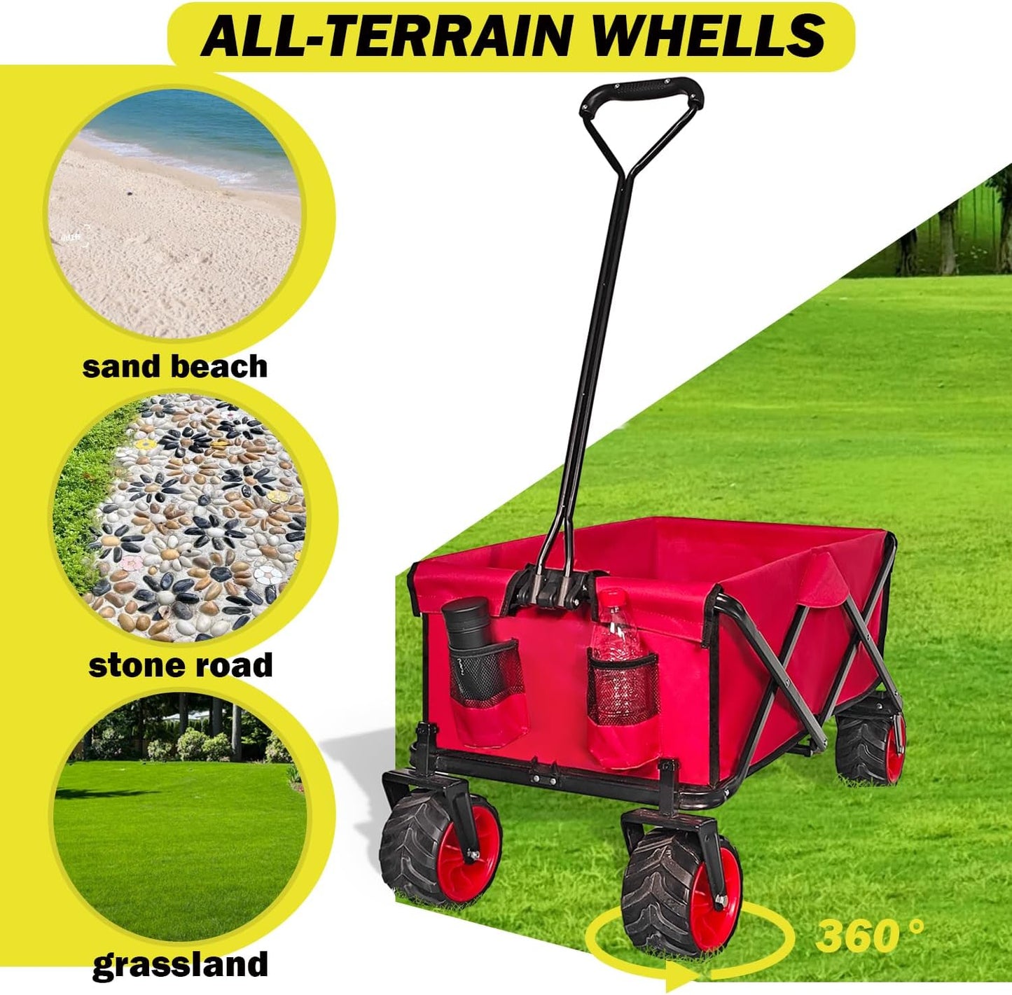 Collapsible Foldable Wagon Cart, Heavy Duty Folding Wagon with Big All-Terrain Beach Wheels, Portable Utility Garden Cart with 330lbs Weight Capacity for Camping Fishing & Outdoor Use