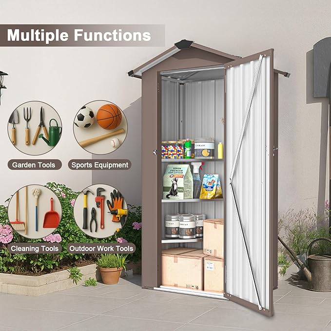 2.5x1.4 FT Heavy-Duty Brown Metal Storage Shed–Lockable Small Tool Shed with Adjustable Shelves Garden Sheds & Outdoor Storage, Tool Shed Outdoor Storage in Garden, Backyard, Patio, Poolside