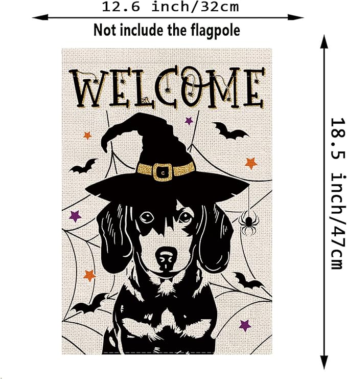 Halloween Garden Flag Dachshund Cobweb Bats Double Sided Vertical Welcome Flag Seasonal Holiday Outdoor Yard Lawn Party Decorations 12.5 x 18 Inch