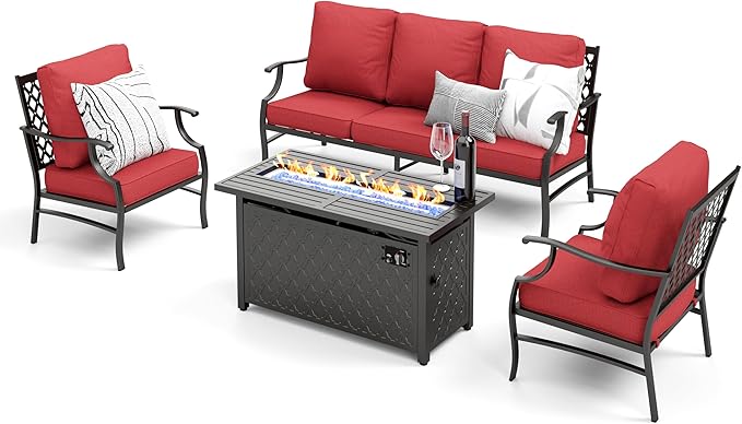 Patio Furniture Set, 4 Pcs Metal Outdoor Conversation Set, 2 Single Chairs and 3 Seater Sofa with 5.75" Extra Thick Cushion and Gas Fire Pit Table for Backyard Deck, Red