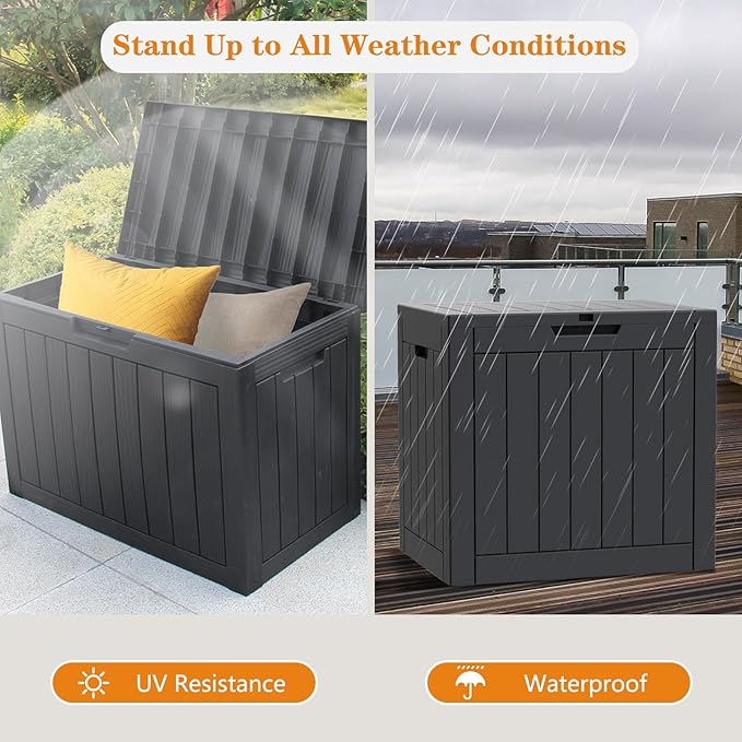 Modern-Depo 45 Gallon Waterproof Storage Deck Box Patio Furniture Organization Container with Lockable Lid, PP Outdoor Side Table for Garden, Yard, Poolside, Black