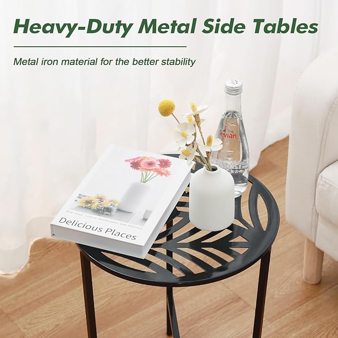 2 Packs 13" Metal Outdoor Side Tables Small Black Outside End Table for Patio Round Accent Garden Corner Stand for Small Spaces Weather-resistant Coffee Table for Balcony Porch Plant Stand