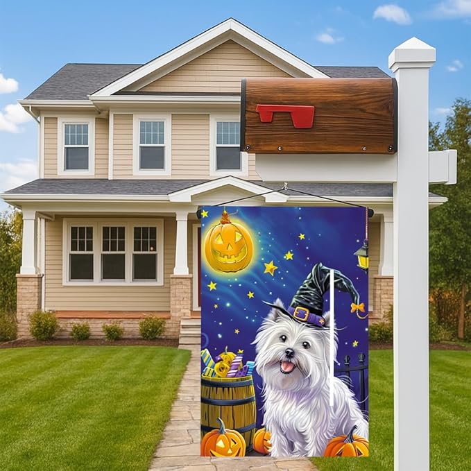 Halloween White Dog Garden Flag 12x18 Inch Double Sided Outdoor Flag