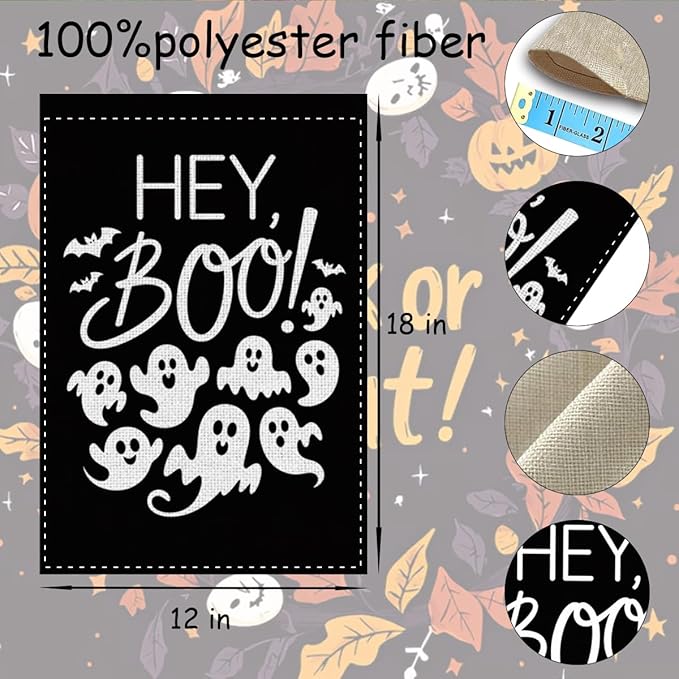 Fokongna Interesting Halloween Ghost Garden Flag, Halloween bat Ghost Hey Boo Garden Flag, 12x18 Inch Burlap Vertical Double Sided Flags, for Home Yard Outside Decorations