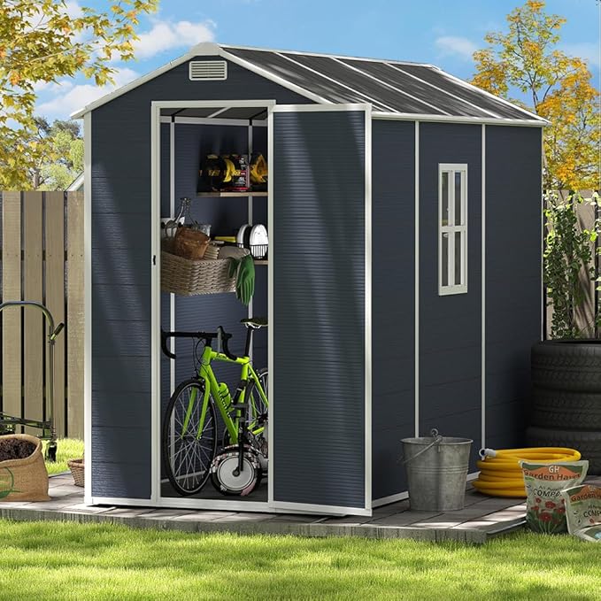 Resin Storage Shed 8x4ft, Outdoor Tool Shed with Floor, Window, Lockable Doors and Vents, 12mm Thick pp Board, Storage Sheds for Patio, Garden, Backyard, Lawn (Dark Gray, 4 * 8ft)