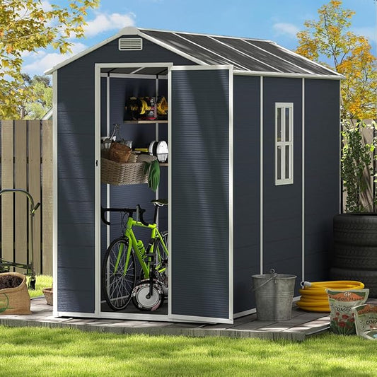 Resin Storage Shed 8x4ft, Outdoor Tool Shed with Floor, Window, Lockable Doors and Vents, 12mm Thick pp Board, Storage Sheds for Patio, Garden, Backyard, Lawn (Dark Gray, 4 * 8ft)