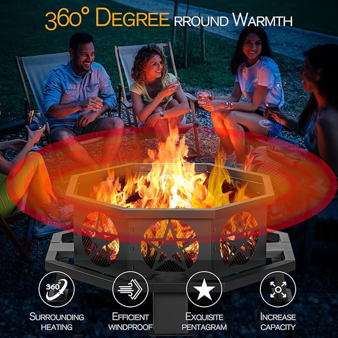 32 Inch Small Octagonal Fire Pit,Outdoor Wood Burning Fire Pits for Patio, Picnic,Bonfire,Heavy Duty Firepits for Outside Backyard Garden,Camping