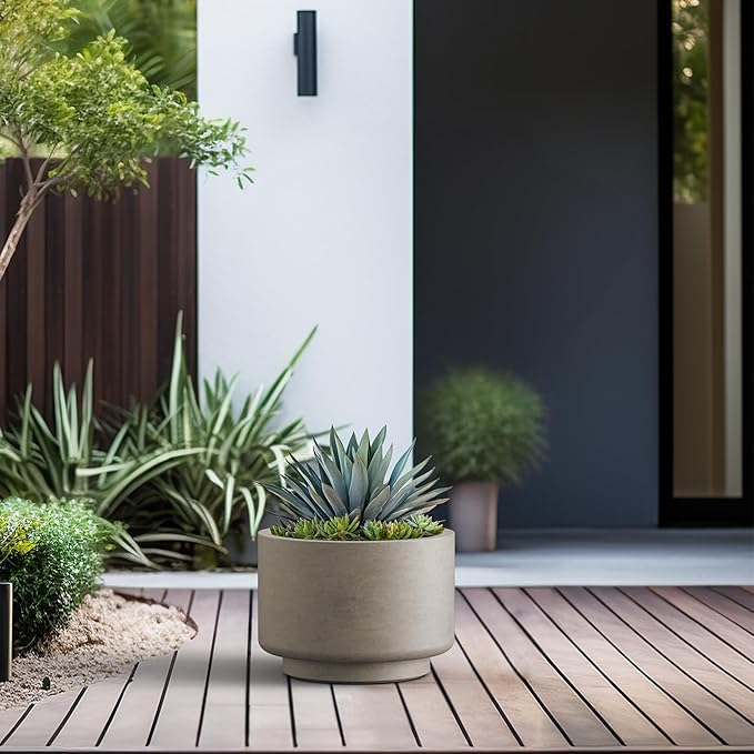 Kante 12.6 Inch Dia Concrete Planter, Round Pedestal Design Garden Pot for Indoor Outdoor Plants, Modern Flower Pot with Drainage Hole, Weathered Concrete Finish with Forest Green Interior