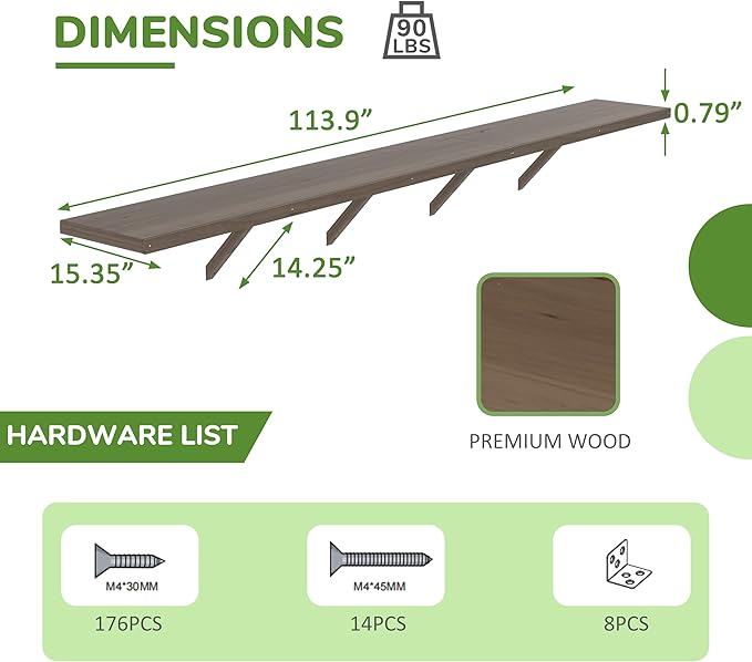 Shelf Suitable for 6x10FT Wood Greenhouse, 114" Wooden Storage Shelf Kit Fit Multiple Greenhouse , Horticulture Workstation, Work Bench System Shelving, Light Mocha Brown, 2 Pack
