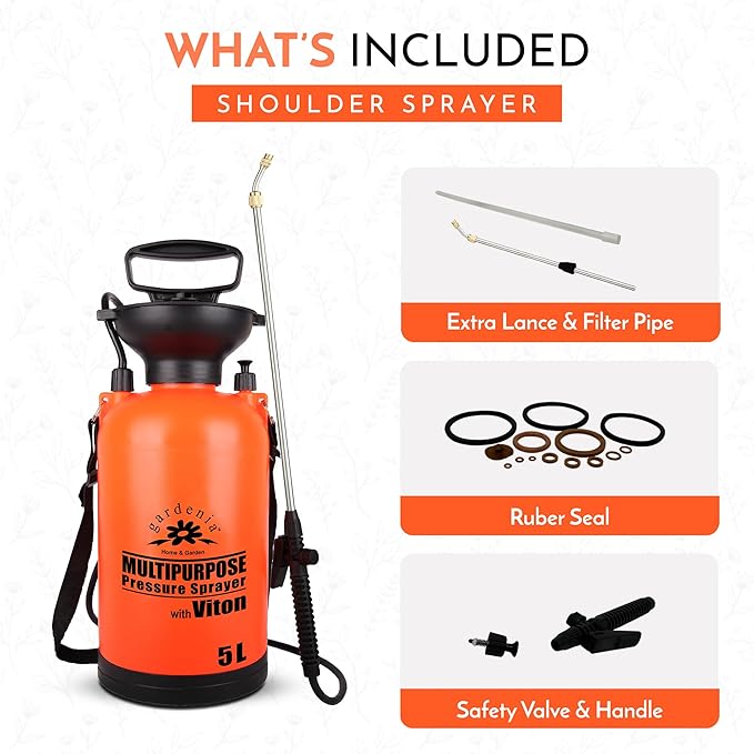 Pump Sprayer Upgraded Garden Sprayer Premium Viton Seals Telescopic Metal Lance & a Complete Set of Spare Parts Pumping Spray Bottle 5L for Watering Lawn Care & Home & Car Cleaning