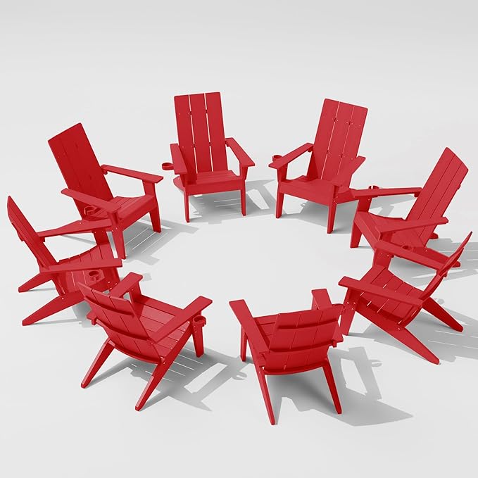 MXIMU Adirondack Chair Set of 8: Modern Adirondack Chairs Fire Pit Chairs Plastic Outdoor Chairs for Lawn Backyard Deck Garden Camping (Red)
