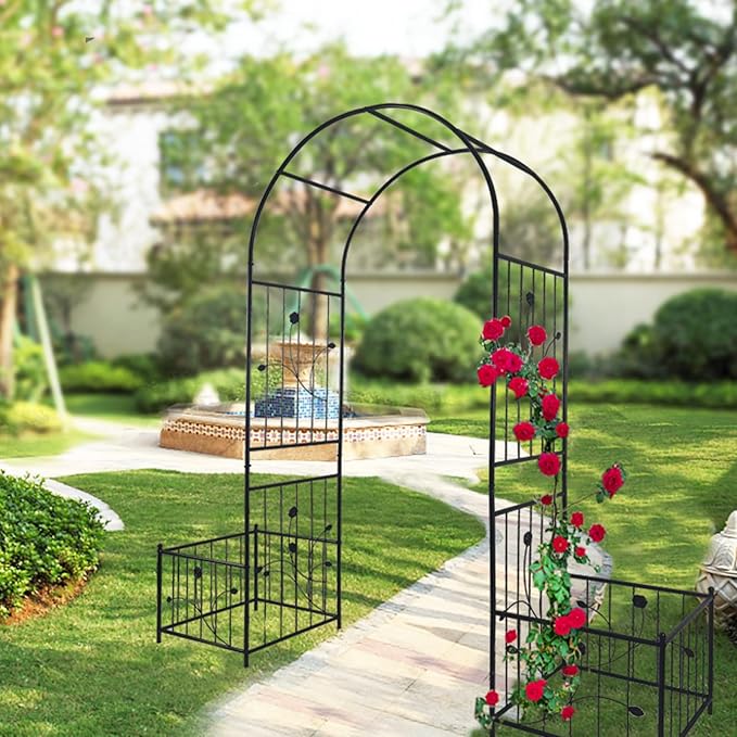 Metal Garden Arch with 2 Plant Stands, Garden Arch Trellis for Climbing Plants Outdoor, Garden Arbor for Weddings Party Events Decoration, 79.5" L X 19.7" W X 86.6" H, Black