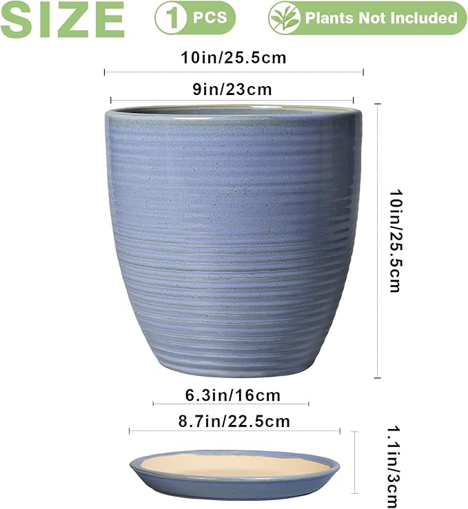 10 Inch Plant Pot - Round Ceramic Planter with Drainage Hole and Plant Saucer Indoor Outdoor for Decoration, Modern Home Garden Office Decor, House Warming Gifts, Blue-Purple