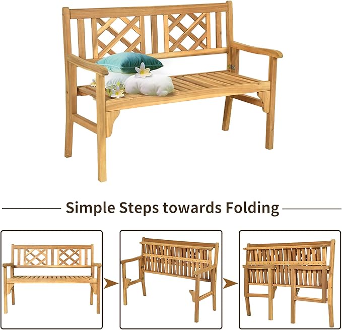 Tangkula Folding Outdoor Wood Garden Bench, Foldable Acacia Wood Patio Bench with Wide Curved Armrest & Backrest, Outside 2-Person Loveseat Chair for Entryway, Yard, Deck, Balcony & Park
