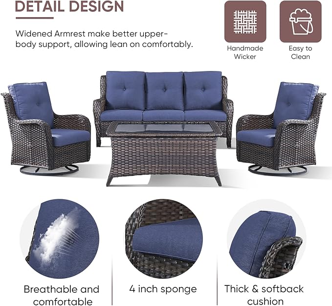4 Piece All-Weather PE Wicker Outdoor Furniture Set with Swivel Rocker Chairs, Outdoor Sofa & Coffee Table