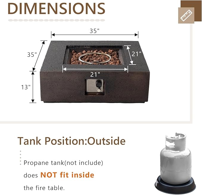 COSIEST Outdoor Propane Fire Pit Coffee Table w Square Faux Stone 35-inch Base, 50,000 BTU Stainless Steel Burner, Free Lava Rocks and Rain Cover, Brown
