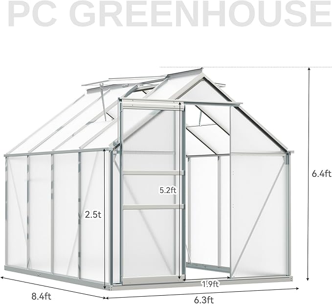 YITAHOME Polycarbonate Greenhouse 6x8FT Heavy Duty Green Houses Outdoor Greenhouses Aluminum Sliding Doors Vent Window Large for Garden Backyard, Silver