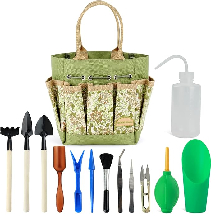 G GOOD GAIN Garden Succulent Kit with Organizer Bag, 14 Pieces Succulent Tools, Indoor Mini Hand Gardening Tools Set with Carrier for Bonsai Planter Miniature Fairy Planting Care(Honeysuckle)