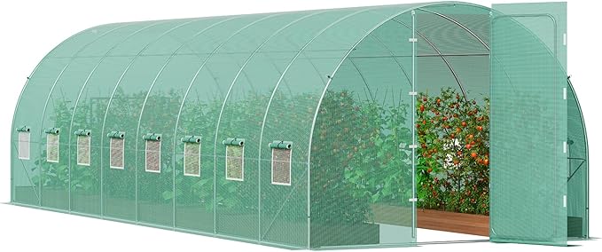 VEVOR Walk-in Tunnel Greenhouse, 27.4x9.5x7.4 ft Hoop House Greenhouse Tunnel, Plant Hot House with Galvanized Steel Frame, Green PE Cover, Swing Door and 16 Roll-up Windows for Outdoor