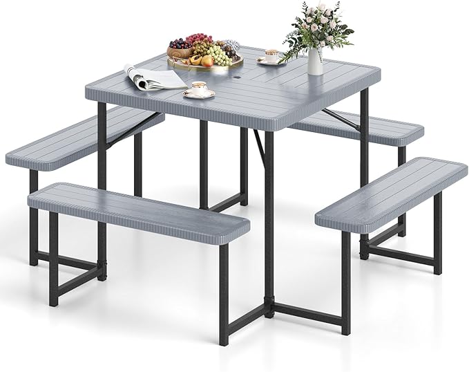 Tangkula 8 Person Picnic Table, HDPE Outdoor Square Table and Bench Set with 4 Built-in Benches, Umbrella Hole, Metal Frame for Garden Yard Patio Lawn