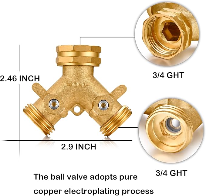 Garden Hose Splitter,2 Way Connector Heavy Duty Brass, Garden Faucet,Splitter for Outdoor Faucet, Hose y Splitter, Hose Bib Splitter, Adapter with Comfortable Grip Shut Off Valves 4 Pcs