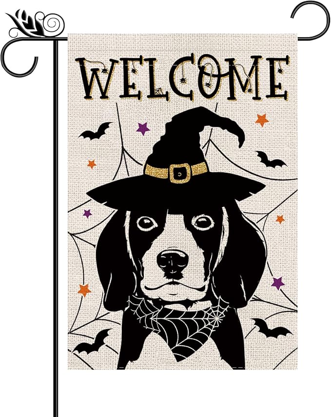 Halloween Garden Flag Beagle Cobweb Bats Double Sided Vertical Welcome Flag Seasonal Holiday Outdoor Yard Lawn Party Decorations 12.5 x 18 Inch