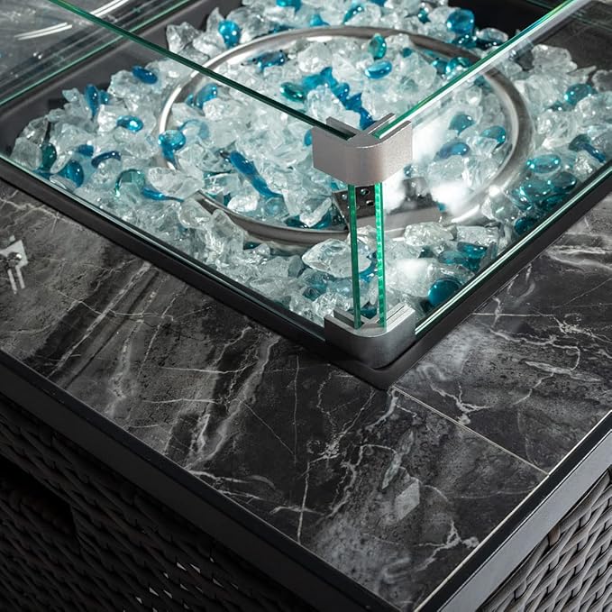 40,000 BTU Outdoor Propane Fire Pit Table with Auto-Ignition - Tempered Glass Wind Guard, Marble Tile Surface, Mixed-Color Fire Glass Rocks & Weather-Resistant Brown PE Rattan