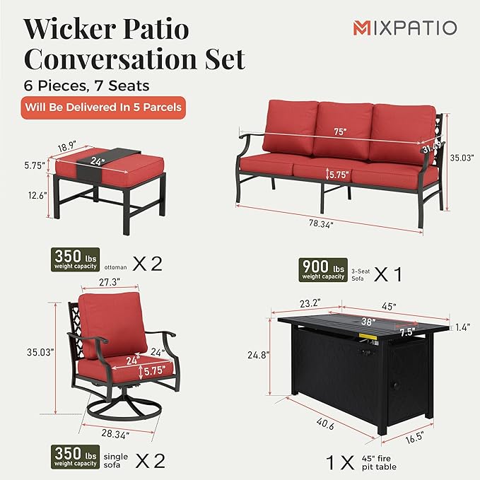 Patio Furniture Set, 6 Pcs Metal Outdoor Conversation Set, 2 Swivel Chairs, 2 Ottomans and 3 Seater Sofa with 5.75" Extra Thick Cushion and Gas Fire Pit Table, Red
