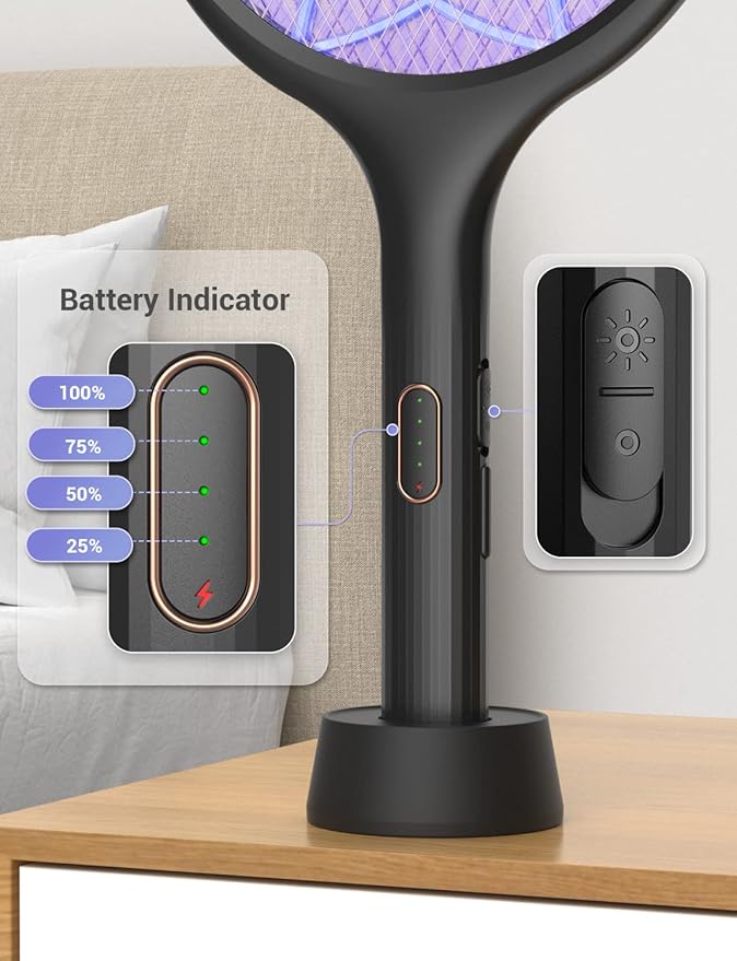 YISSVIC Electric Fly Swatter 4000V Bug Zapper Racket Dual Modes Mosquito Killer with Purple Mosquito Light Rechargeable for Indoor Home Office Backyard Patio Camping (Black-2 Pack)