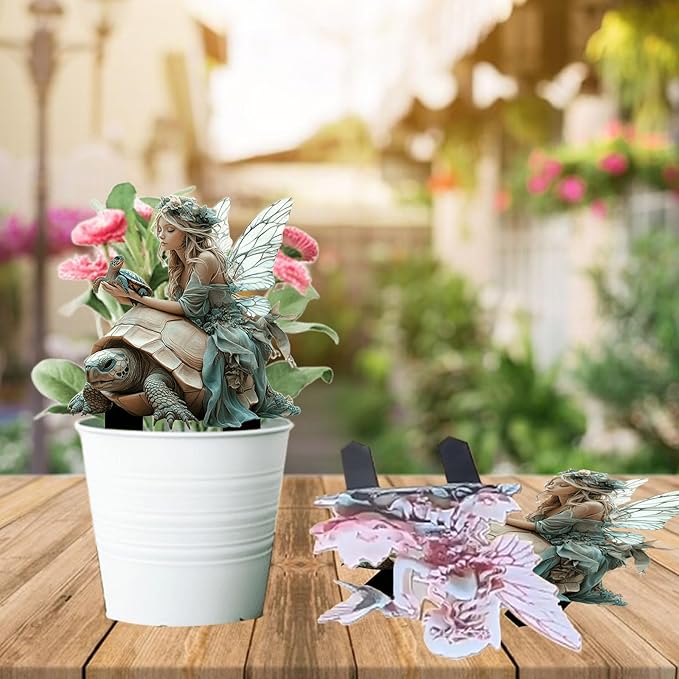 Fairy Garden Stake Decor, 2D Flat Acrylic Fairy Garden Decor Panel, Elf Yard Sign for Outdoor Indoor Yard Lawn Plants Pots, Fairy Garden Accessories (Fairy and Turtle)