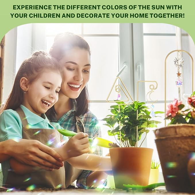 Small Trellis for Potted Plants Indoor with Colorful Crystal Sun Catcher, 14.17 Inch Metal Plant Lattice for Mini Potted Plant Decoration for Home Window Garden 4 Pack