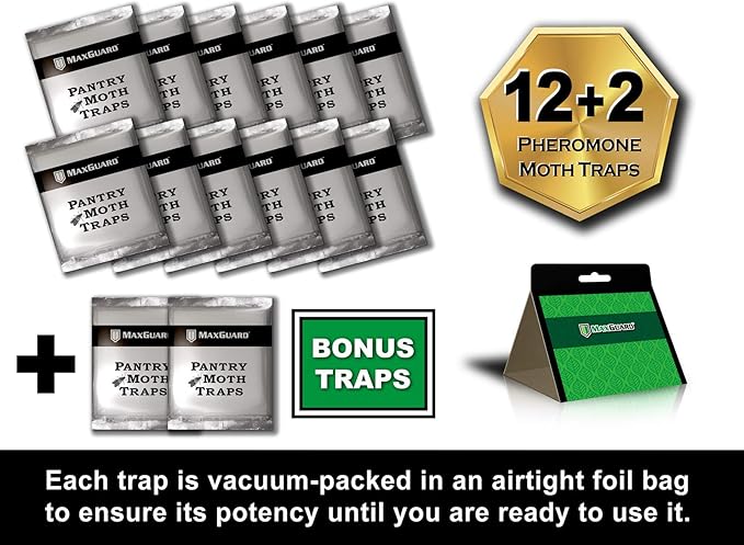 MAXGUARD Pantry Moth Traps (12 Pack +2 Free) with Extra Strength Pheromones | Non-Toxic Sticky Glue Trap for Food and Cupboard Moths in Your Kitchen | Trap and Kill Seed Grain Flour Meal Moths |