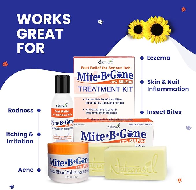Natural, Calming Itch Relief Pack by Mite-B-Gone - 10% Sulfur Lotion (4oz) + 2 Soaps | Treats Bites, Acne, Itching, Rosacea & Irritation | Safe for Kids & Adults | Fast & Effective for All Skin Types