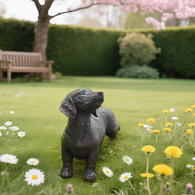 Dog Statues Outdoor Dachshund Décor - Wiener Dog Garden Statue Made of Resin Material Sausage Statue Dark Brown 12.75 * 4 * 8.5 inch for Patio Lawn Yard Porch Garden Gift Figurine