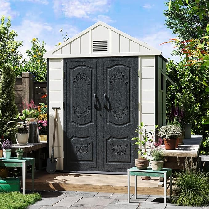 6x4 FT HDPE Resin Outdoor Storage Shed with Reinforced Floor, Injection-Molded Plastic Garden Bike Tool Shed, All-Weather Resistant, Lockable Doors & Window for Backyard Patio