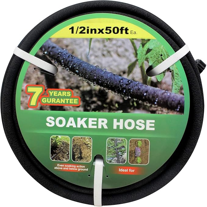 Taisia 1/2’’ Soaker Hose 50 FT Water Drip Garden Hose Drip Irrigation Hose Saves 70％Water Heavy Duty Rubber Round Soaker Hose for Garden, Lawn