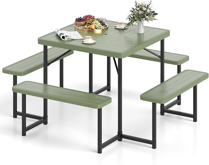 Tangkula 8 Person Picnic Table, HDPE Outdoor Square Table and Bench Set with 4 Built-in Benches, Umbrella Hole, Metal Frame for Garden Yard Patio Lawn