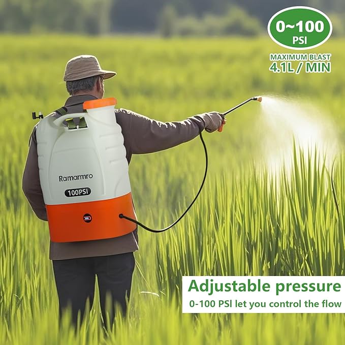 Battery Powered Backpack Sprayer 4 Gallon Lawn Garden Sprayer,100 PSI Adjustable Pressure with 8 Nozzles and 2 Wands, Weed Yard Sprayer for Lawn, Garden, Cleaning