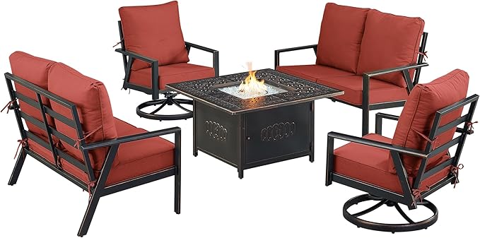 Oakland Living Black Aluminum Patio Fire Table Set with Two Deep Seating Loveseat with Cushions and Two Club Chairs with Red Cushions