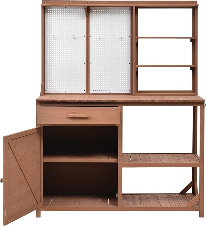 Fir Wood Potting Bench with Hutch - Outdoor Garden Workstation with 4 Shelves, Drawer & Adjustable Storage, 50.2" Countertop, & Pegboard (Brown + Wood + Rustic)