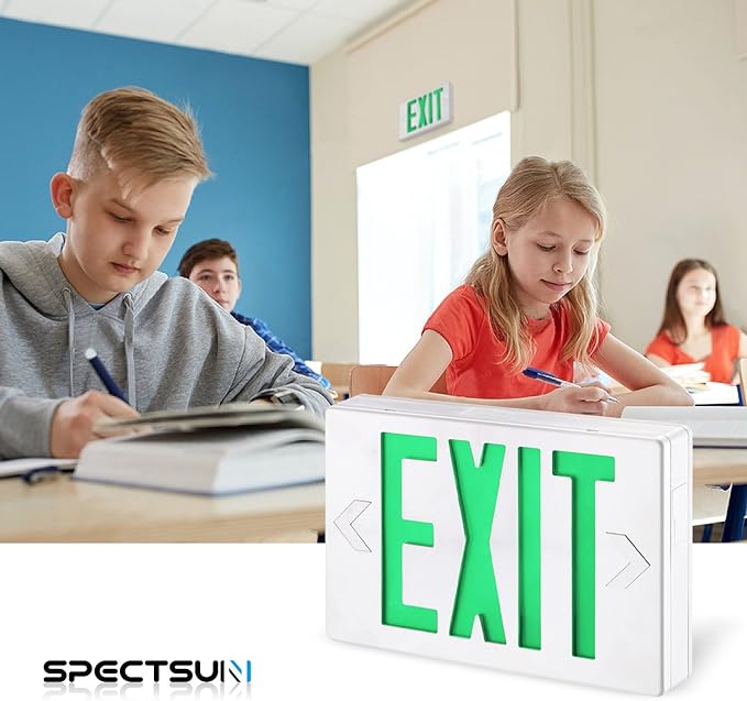 SPECTSUN 1 Pack Led Green Exit Sign with Battery Backup, LED Exit Sign, Emergency Exit Light with Battery Backup, Double Face, UL 924, AC 120/277V, Damp Location, Hardwired Red Letter Exit Lights for Business.