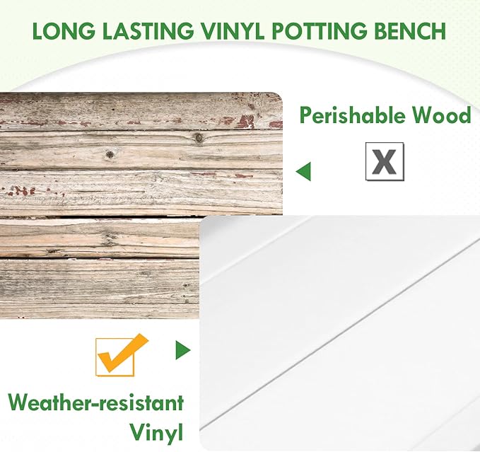 EAGLE PEAK Outdoor Indoor Maintenance Free Vinyl Garden Potting Bench, Waterproof Potting Table with Open Shelf, Lower Storage, 40inx21.6inx43.9in, White