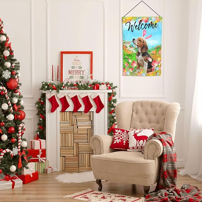 Tulips Cute Beagle Flower Dog Happy Easter Garden Flag Welcome Party Outdoor Outside Decorations Picks Home House Garden Yard Decor 12x18 Inch