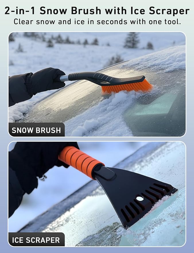 EcoNour 27" Aluminum Snow Brush 4 Pack with Ice Scrapers for Car Windshield and Window | Car Snow Scraper and Brush with Ergonomic Foam Grip Winter Accessories (Orange, Pink, Green, Blue)