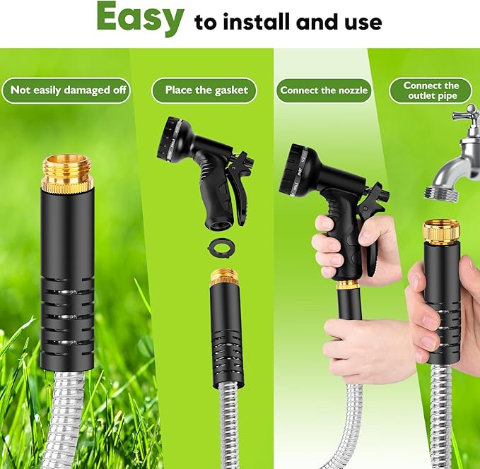 Garden Hose Metal 175FT, Stainless Steel Heavy Duty Water Hose With 10 Function Nozzle, No-Kink, Tough & Flexible, Sturdy and Lightweight, Rust Proof for Yard, Outdoor, RV