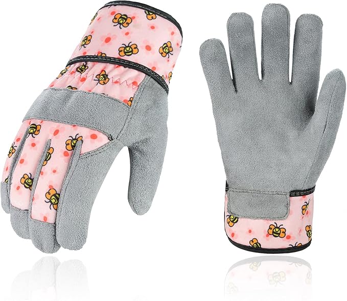 Vgo... 1-Pair Age 6-7 Kids Gardening Gloves,Children Yard Work Gloves,Soft Safety Outdoor Playing Gloves(Size L, Pink Bee, KID-MF3561)