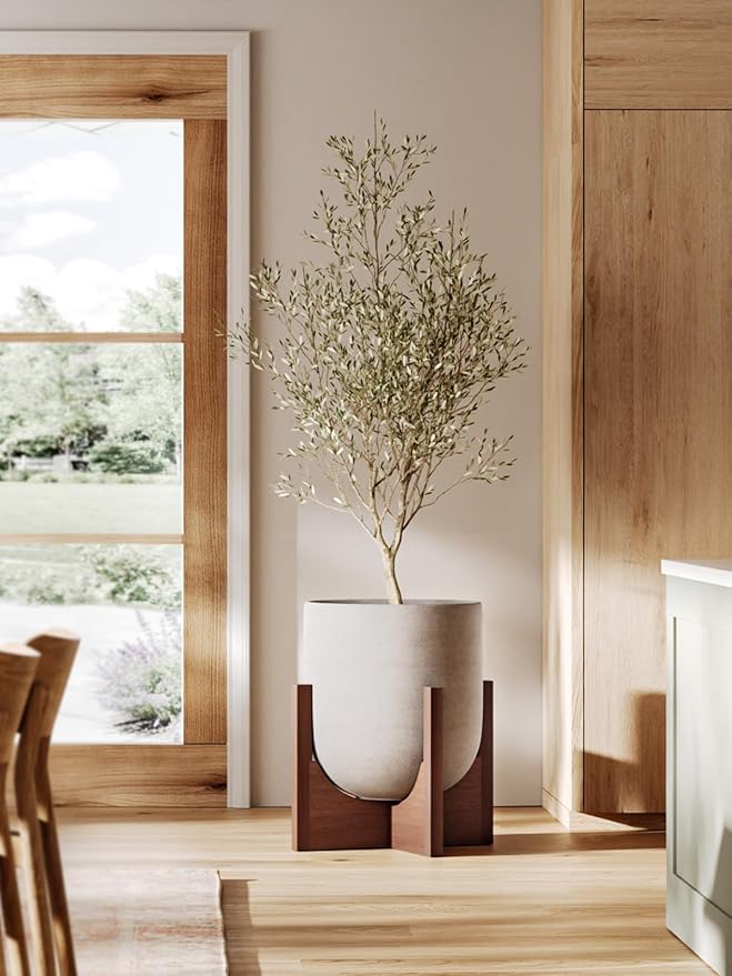 LE TAUCI 12 Inch Plant Pot with Acacia Wood Stand, Ceramic Large Planters for Indoor Plants, Indoor Pots for Plants Office Living Room, Cylinder Planter with Drainage Hole and Plug, Neutral Gray