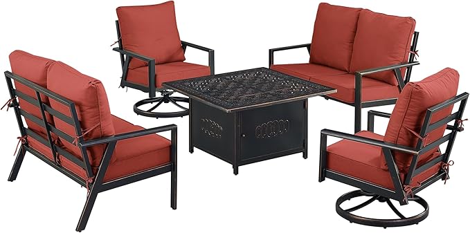 Oakland Living Black Aluminum Patio Fire Table Set with Two Deep Seating Loveseat with Cushions and Two Club Chairs with Red Cushions