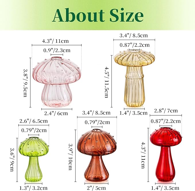 Mushroom Jars for Plants, Hewory 10pcs Colored Glass Mushroom Bud Vase for Flower, Unique Plant Propagation Stations Propagating Vases Decor, Mini Cute Hydroponic Terrarium Planter for Indoor Planters